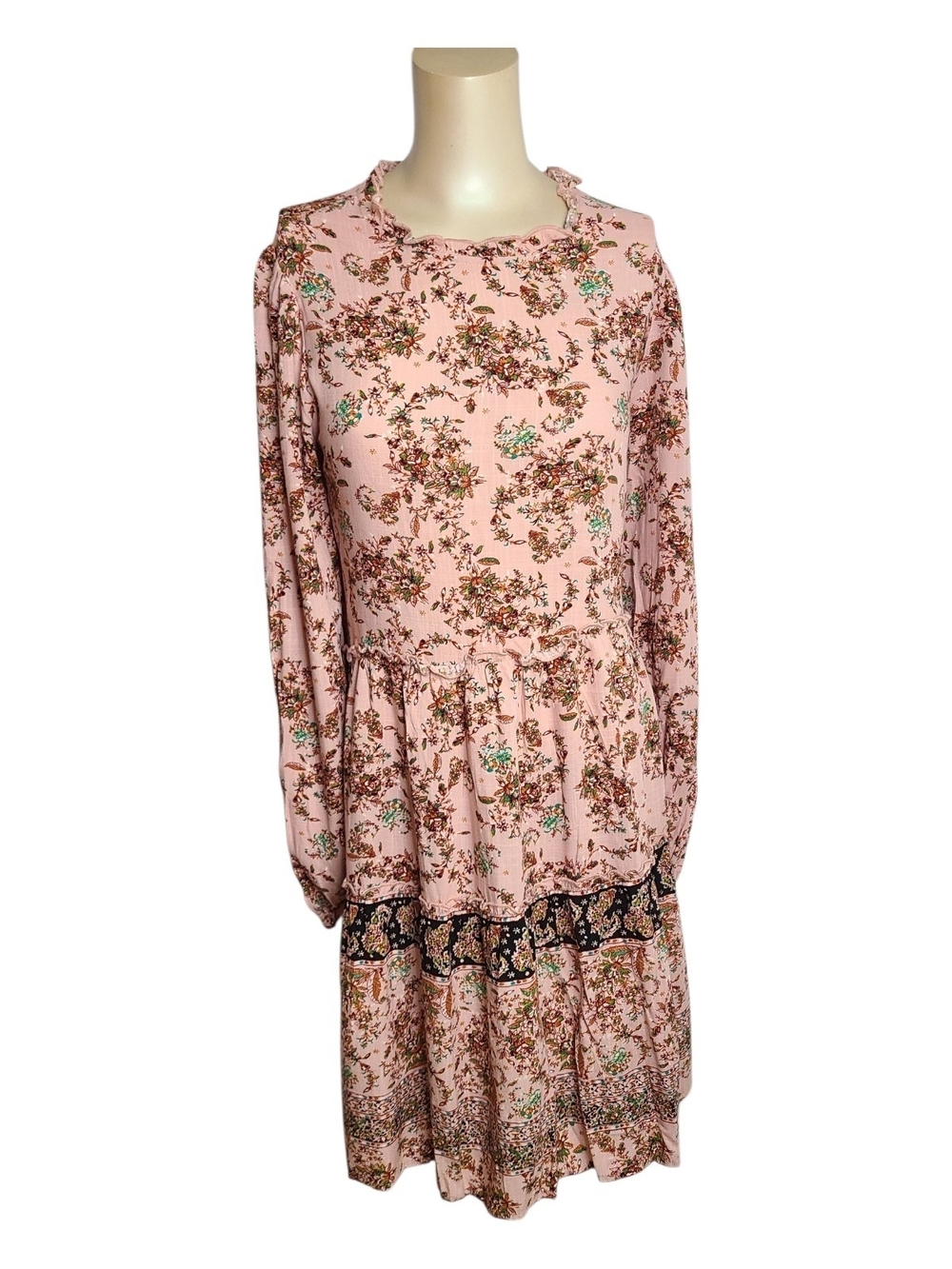 Wonderly Pink Floral Tiered Mini Dress Long Sleeve Boho XL